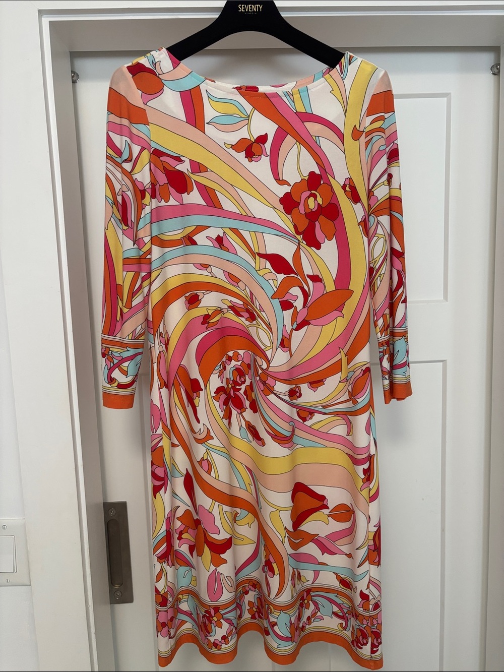 London Times Multicolor Swirl-Print Midi Dress in Pink, Orange, Red and Cream